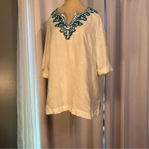 Madison women’s linen 3/4 sleeve white tunic top applied teal blue detail sz L
